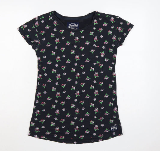 Superdry Women Black S Floral Rose Slim Fit Cotton T-Shirt