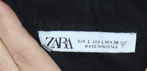 Zara Women Black L Wide-Leg Drawstring Cotton Trousers