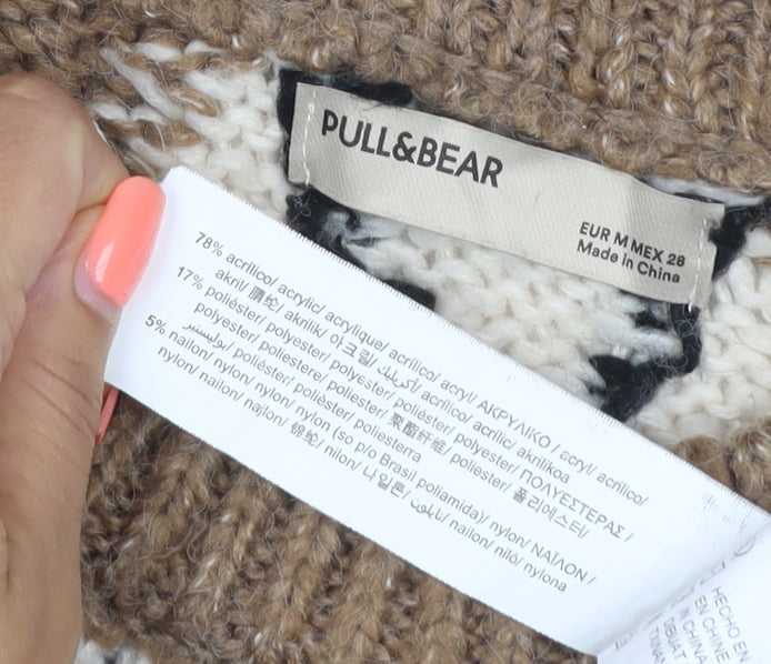 Pull&Bear Women’s Brown Argyle Chunky Knit Crew Neck Jumper UK 12