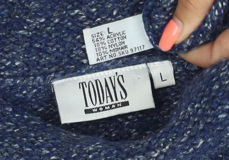 Today's Women Blue L Cowl Neck Long Sleeve Chunky Knit Jumper