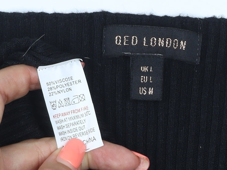 QED London Women Black L Ribbed Knit V-Neck Midi Jumper Dress
