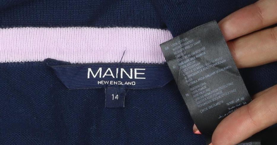 Brand and care label for Maine New England Women’s Navy Heart Knit Jumper, size UK 14, Cotton