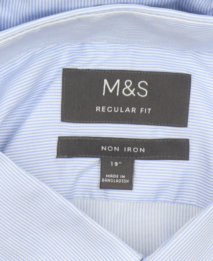 Marks and Spencer Men's Blue 19in Regular Fit Non-Iron Striped Shirt