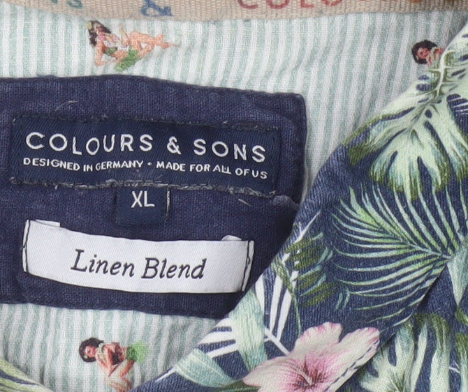 Colours & Sons Men’s Multicoloured XL Tropical Floral Linen Blend Shirt