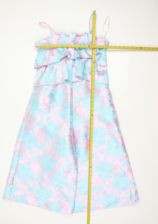 ASOS Women Multicoloured Floral Satin Ruffle Wide-Leg Jumpsuit UK 10