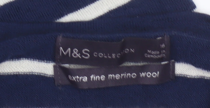 Marks and Spencer Women Blue UK 18 Merino Wool Striped Crew Neck Jumper