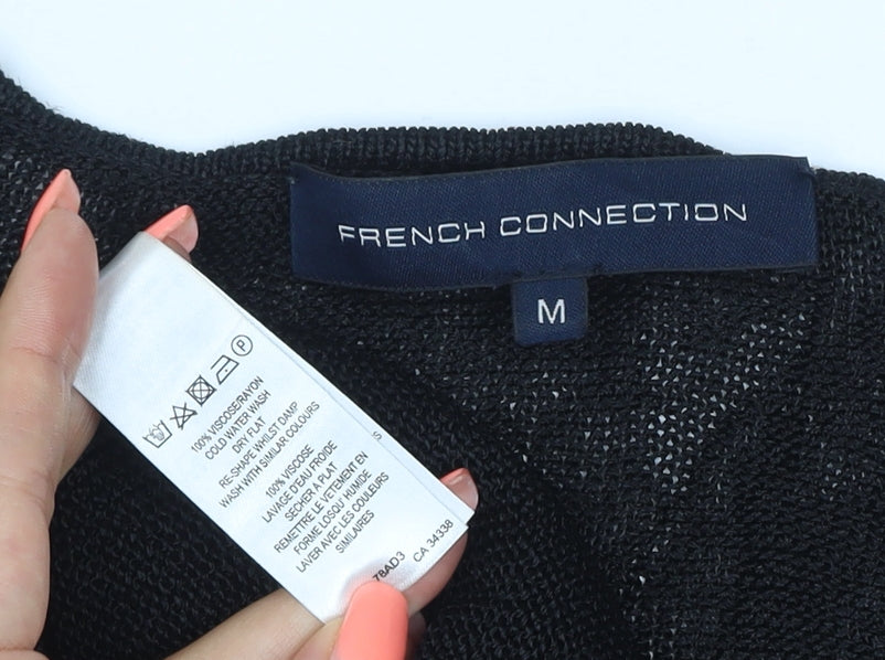 French Connection Women Black M V-Neck Open Knit Dolman Jumper