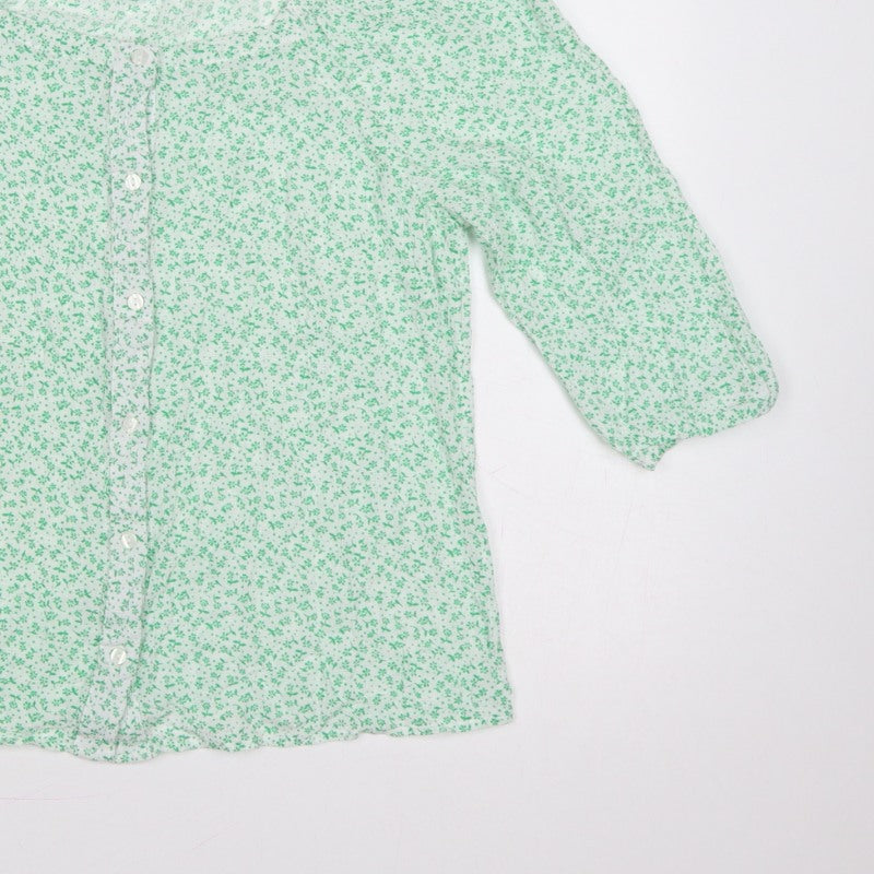 M&Co Women Green Floral Petite UK 12 Button-Up Bell Sleeve Blouse