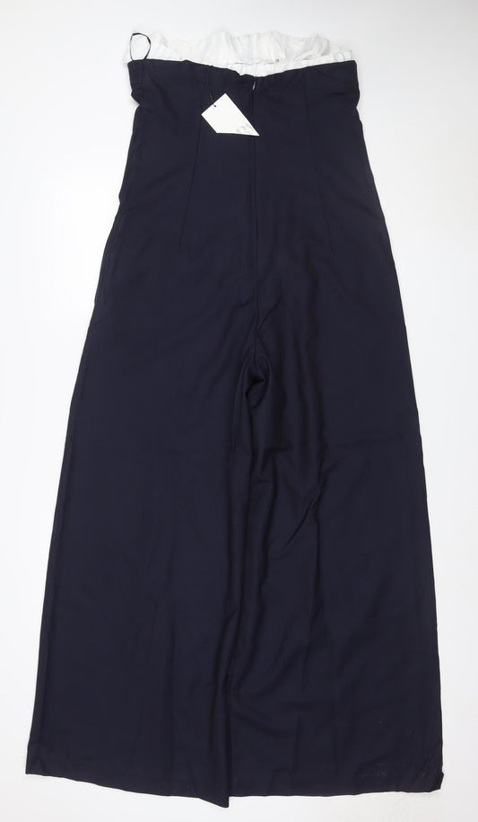 Zara Women Navy Blue UK 12 Wide-Leg Ruffle Waist Trousers