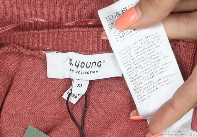 Brand and care label for b.young Women Pink XL Puff Sleeve Pointelle Knit T-shirt