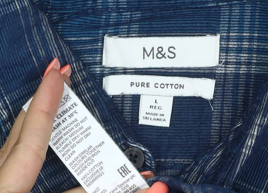 Marks and Spencer Men Blue Plaid Pure Cotton L Regular Button-Up Shirt