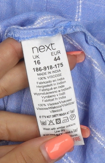 Next Women Blue Stripe Linen Button-Up Cap Sleeve Blouse UK 16