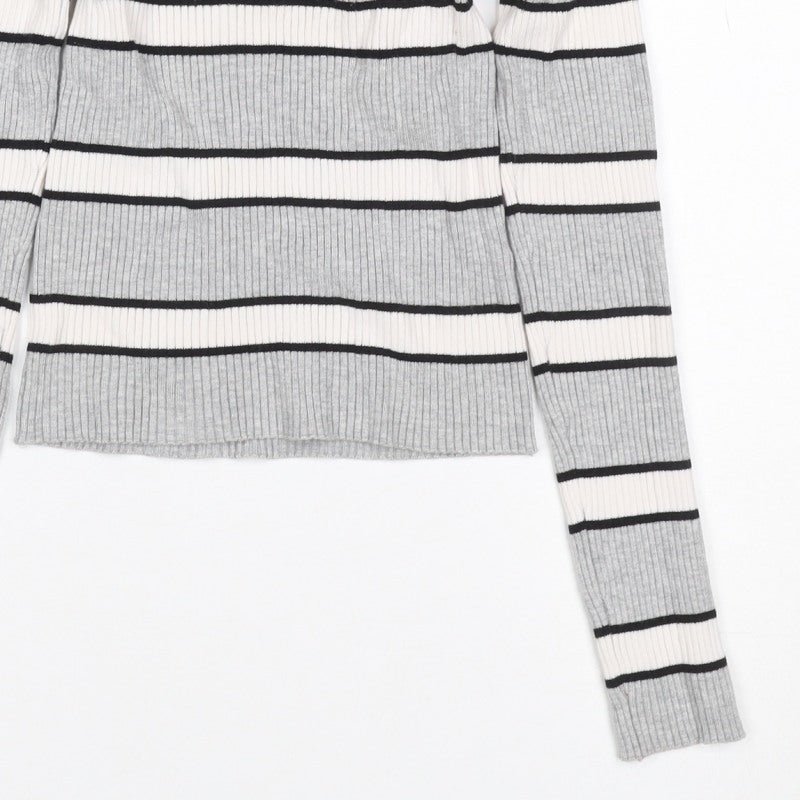 Bershka Women Grey Stripe Ribbed Knit Crew Neck Slim Jumper Size S