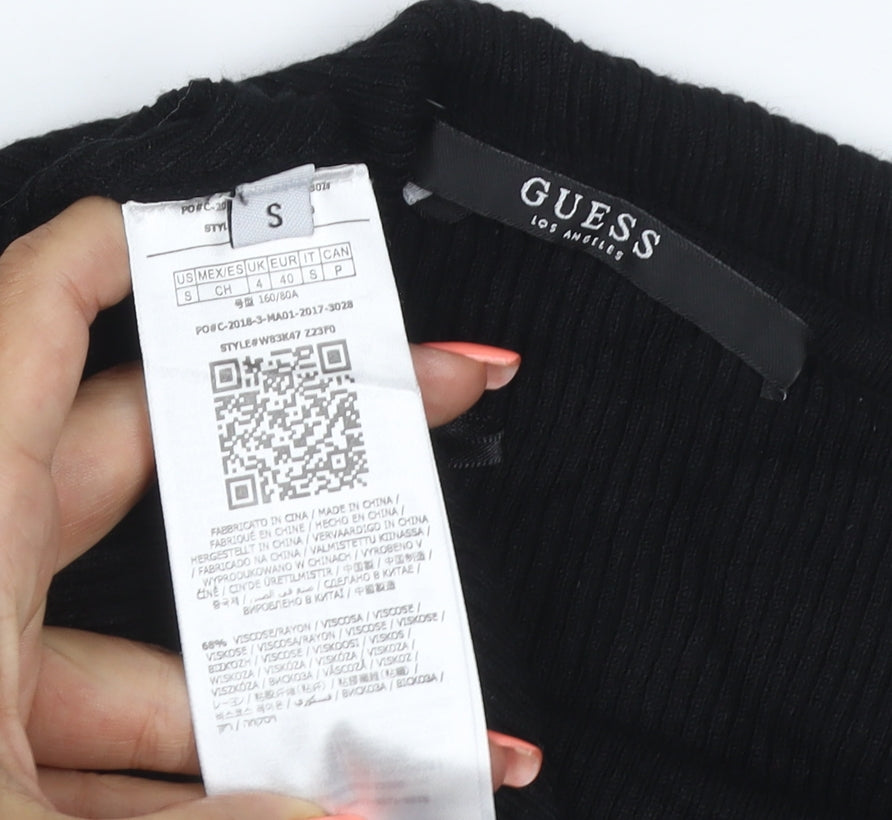 Brand and care label for Guess Women’s Black UK 8 Rib Knit Roll Neck Jumper Dress Gold Buttons