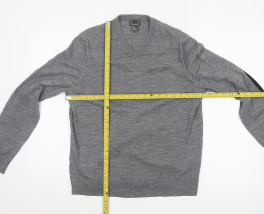 H&M Men Grey M Merino Wool V-Neck Pullover Jumper Elbow Patches