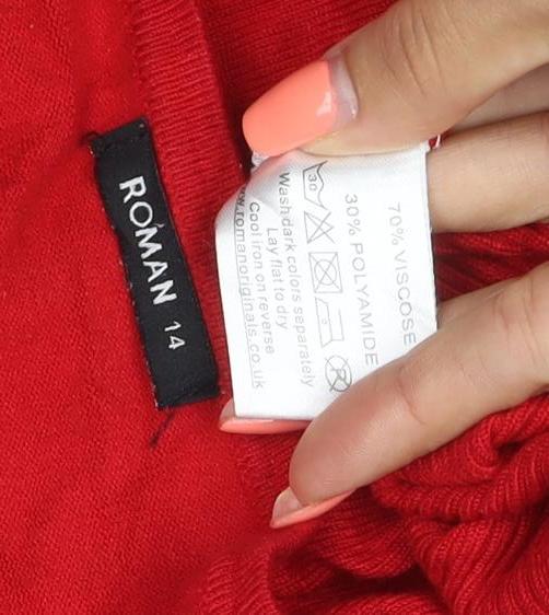 Brand and care label for Roman Women’s Red, size UK 14, Square Neck Button Detail Knit Jumper