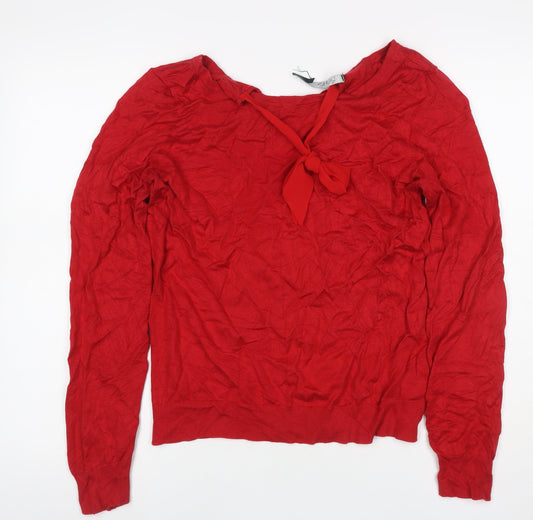 Lauren Ralph Lauren Women Red L Silk Blend Tie Neck Knit Blouse