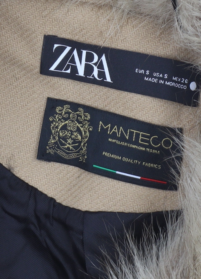 Zara Women Beige S Wool Herringbone Overcoat Fur Trim Long Coat