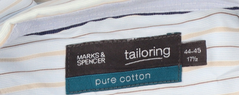 Marks & Spencer Men's Blue Stripe 17.5 Cotton Long Sleeve Shirt