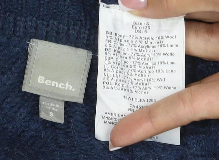 Bench Women’s Blue UK 8 Cable Knit V-Neck Alpaca Blend Jumper