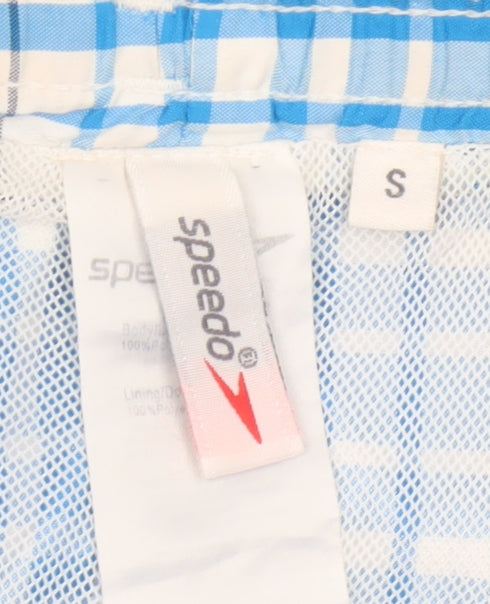 Brand and care label for Speedo Men’s Blue Check Swim Shorts, size S, Drawstring Mesh Lined