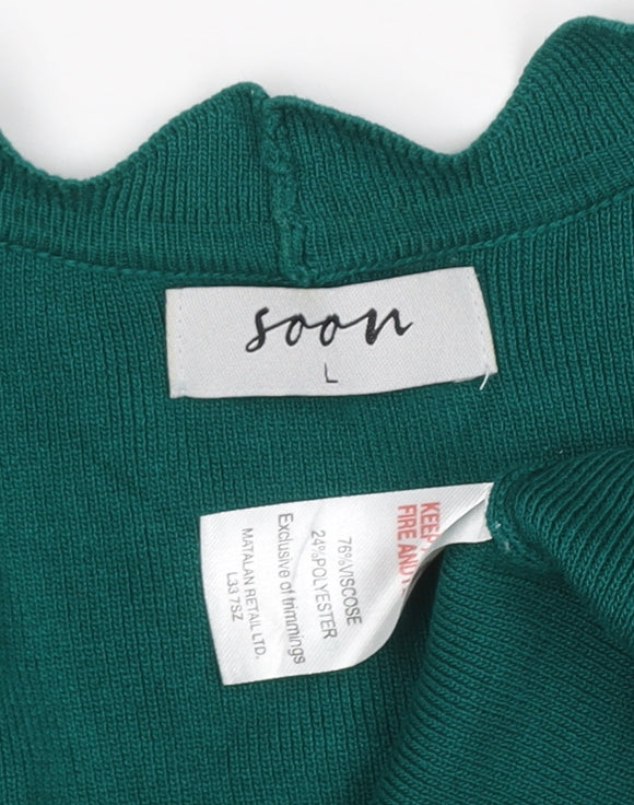 Brand and care label for Soon Women Green L Open Scallop Edge Knit Cardigan Long Sleeve