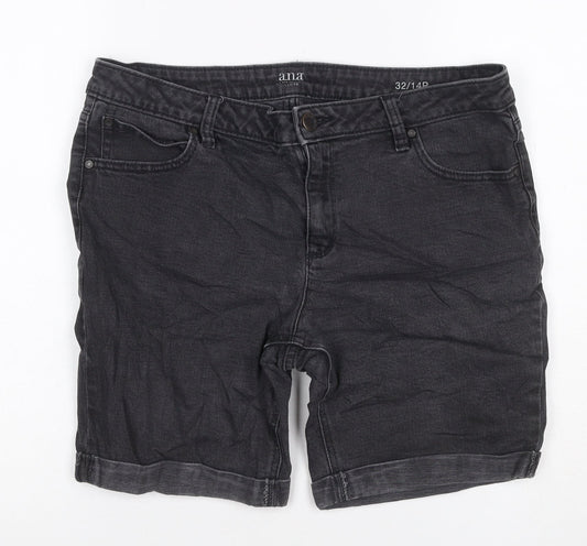 ANA Women’s Black Denim Bermuda Shorts UK 14 Petite 32in Waist Cuffed
