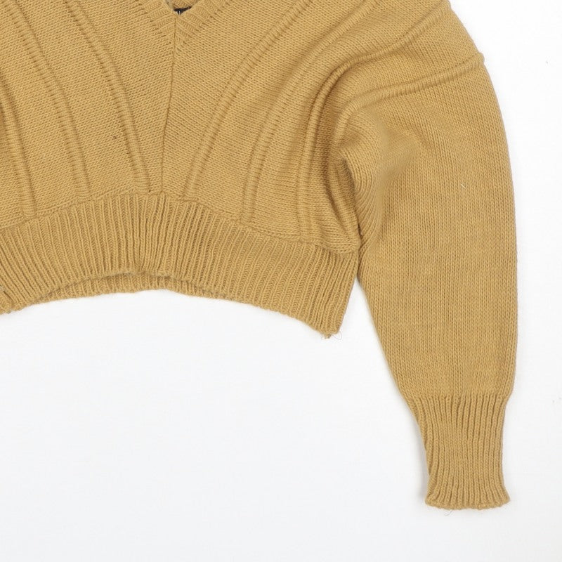 Nasty Gal Women Yellow S Chunky Knit V-Neck Cropped Pullover Jumper