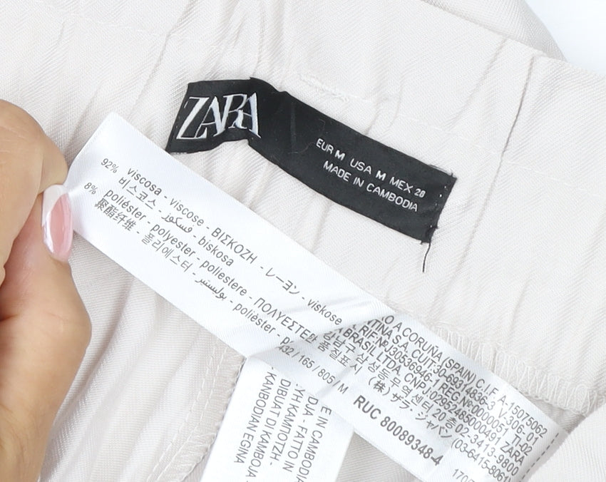 Zara Women Ivory M High Rise Elastic Waist Straight Trousers