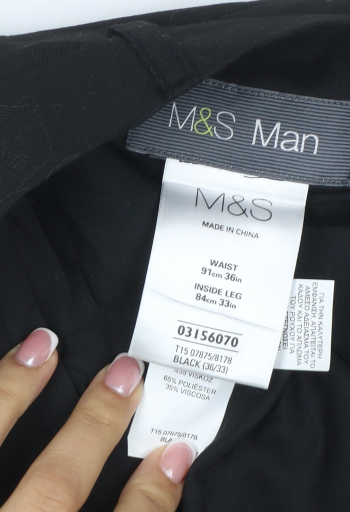 Marks and Spencer Men Black 36 33 Flat Front Straight Dress Trousers