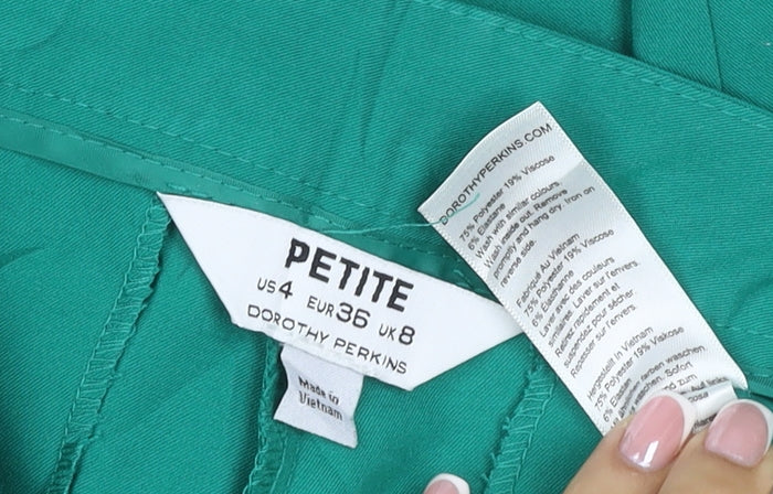 Brand and care label for Dorothy Perkins Women Green Petite UK 8 Straight Tailored Dress Trousers