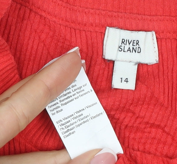 River Island Women Red UK 14 Cropped Ribbed Bell Sleeve Jersey Top