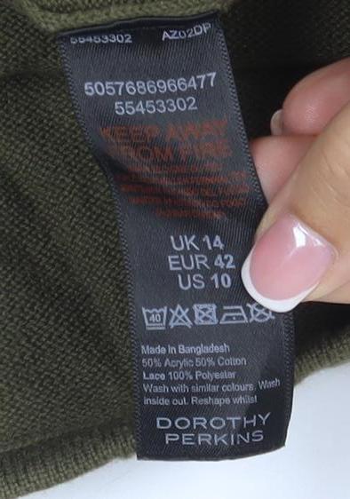 Dorothy Perkins Women Green Lace Trim Cotton Jumper UK 14 Long Sleeve