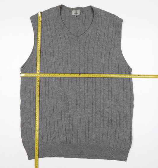 Marks and Spencer Men Grey XL Cable Knit Cotton V-Neck Vest Jumper