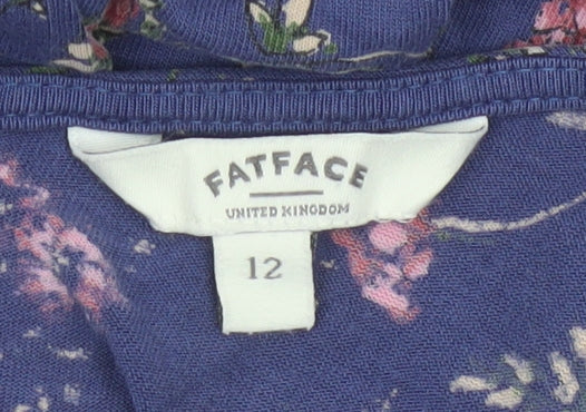 FatFace Women Blue Floral Size 12 Fit & Flare V-Neck Crochet Dress