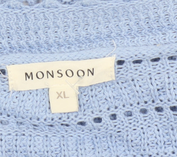 Monsoon Women Blue XL Cotton Open Knit Crochet Cardigan Long Sleeve