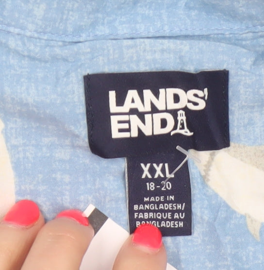 Lands' End Women's Blue Shark Print Button-Up Shirt UK 20 Short Sleeve