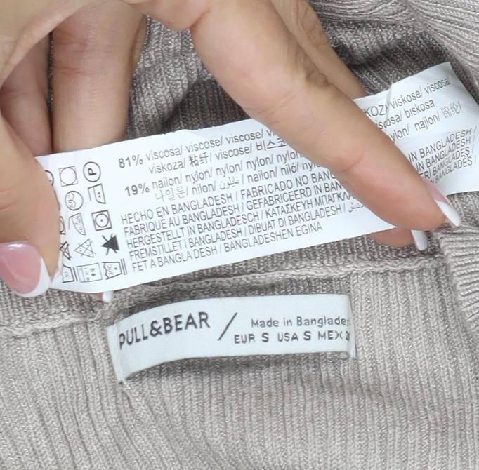 Pull&Bear Women Beige S Ribbed Crew Neck Slim Fit Jumper