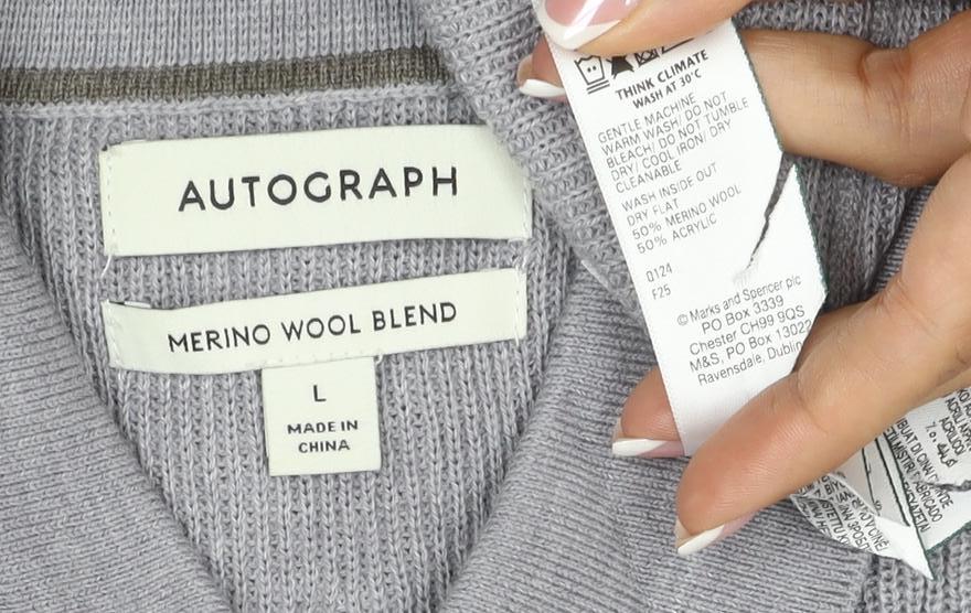 Brand and care label for Autograph Men Grey L Merino Wool Blend Collared Henley Jumper