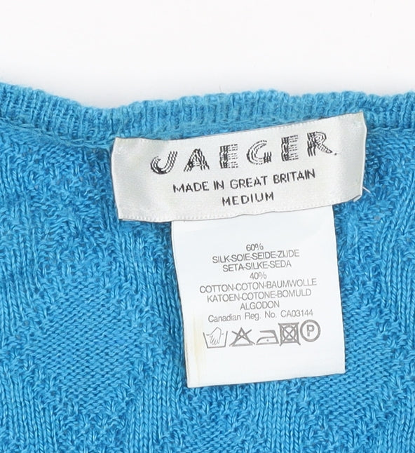 Brand and care label for Jaeger Women’s Blue Silk Cotton Cable Knit Short Sleeve Jumper M