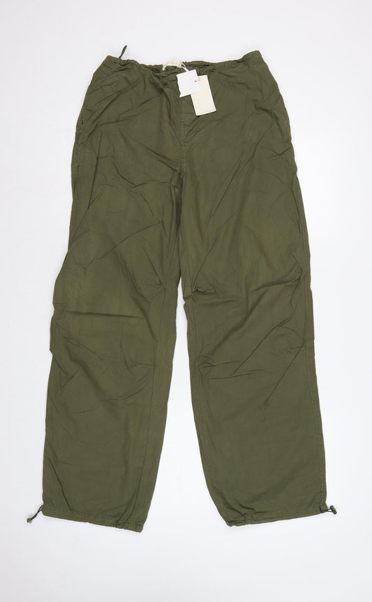Stradivarius Women Green M Cotton Cargo Wide-Leg Drawstring Trousers
