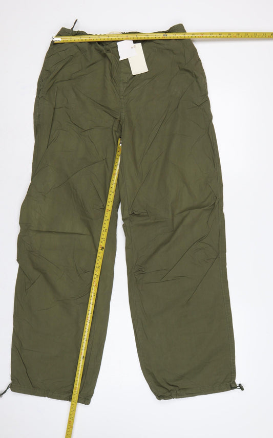 Stradivarius Women Green M Cotton Cargo Wide-Leg Drawstring Trousers