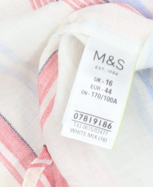 Marks and Spencer Women White UK 16 Striped Linen Basic Button-Up Blouse