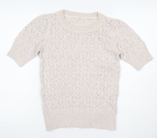 FatFace Women Ivory Alpaca Blend Open-Knit Short Sleeve Pullover UK 8