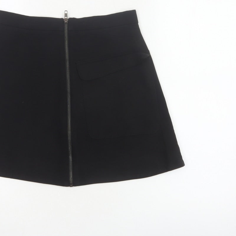 Topshop Women Black UK 10 A-Line Mini Skirt Front Zip Pocket