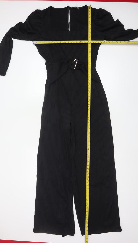 Quiz Women Black UK 18 Ribbed Wide-Leg Belted Keyhole Jumpsuit