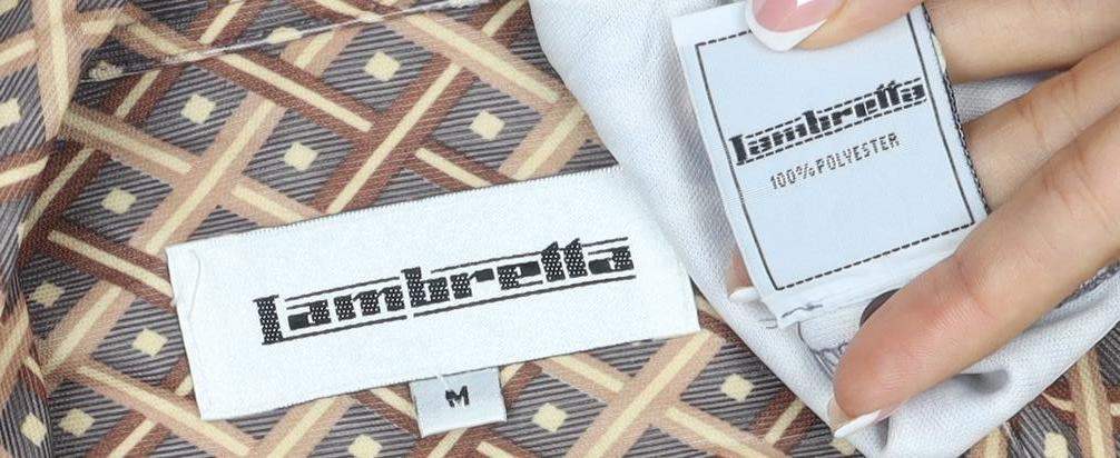 Brand and care label for Lambretta Men’s M Brown Geometric Print Short Sleeve Polo Shirt
