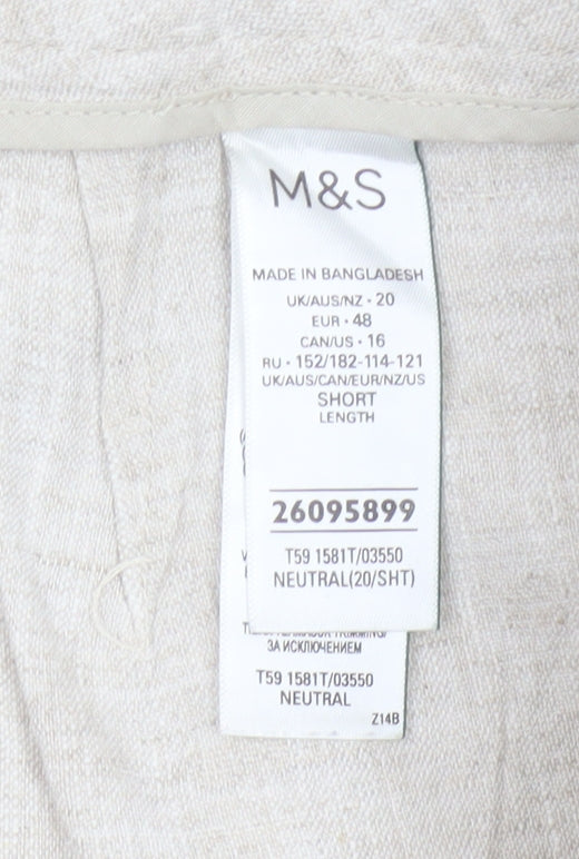 Marks & Spencer Women Beige Linen Blend Wide-Leg Trousers UK 20 Short