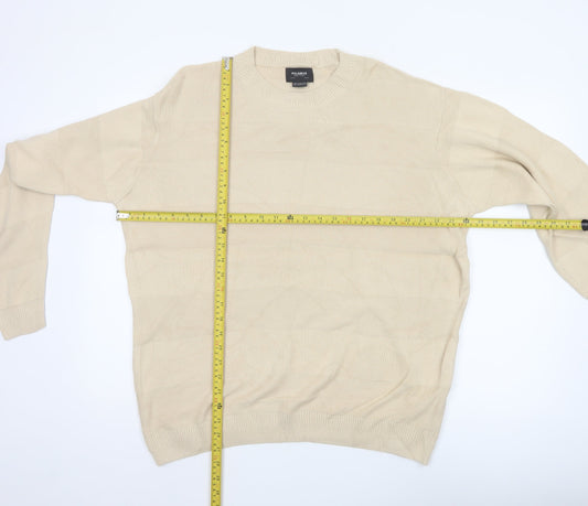 Pull&Bear Men Beige M Cotton Crew Neck Striped Knit Pullover Jumper