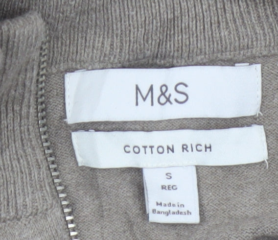 Marks and Spencer Men's Beige S Cable Knit 1/2 Zip High Neck Jumper